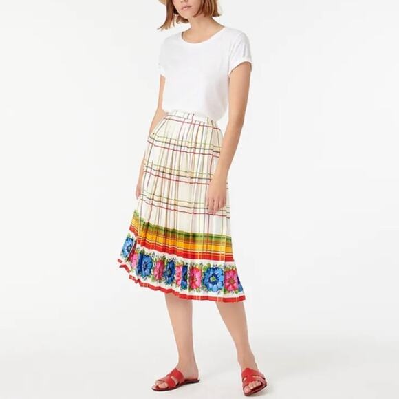 J. CREW Pleated Midi Skirt With Floral Border Red Yellow Moss {FF34}